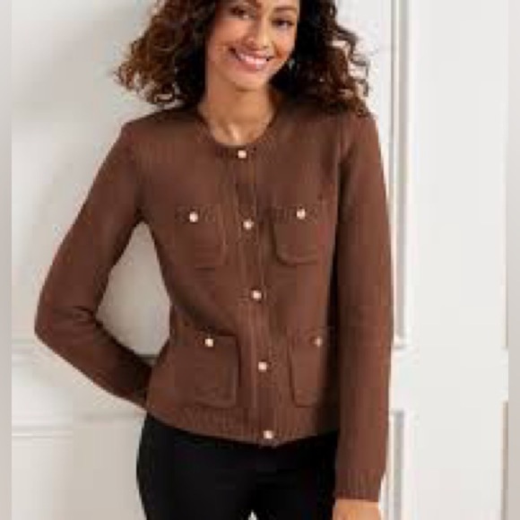 Talbots | Boucle Wool Blend Cardigan w/Patch Pocketd, Brown, Size LP, NWT - Picture 1 of 10